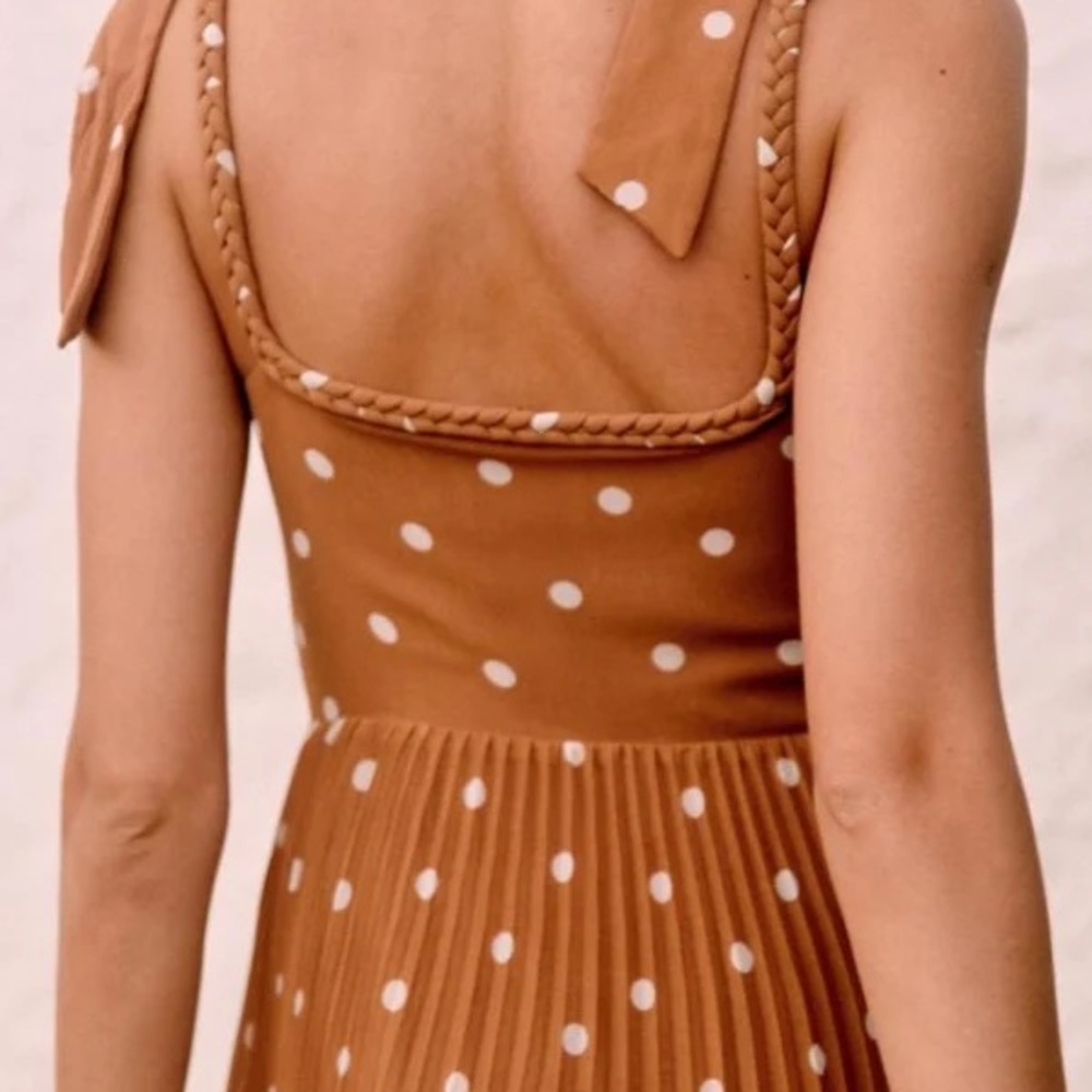Sezane Nella Brown Polka Dot Tie-Shoulder Midi Dress - Picture 4 of 8